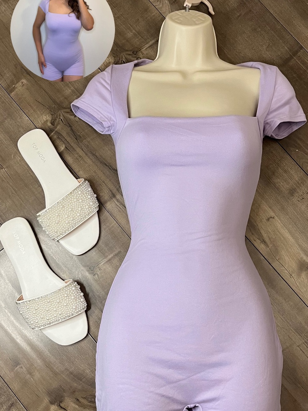 Square-Neck Lilac Short Sleeve Bodycon Romper